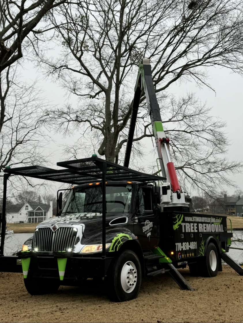 Stingray's black and green bucket truck with the boom raised