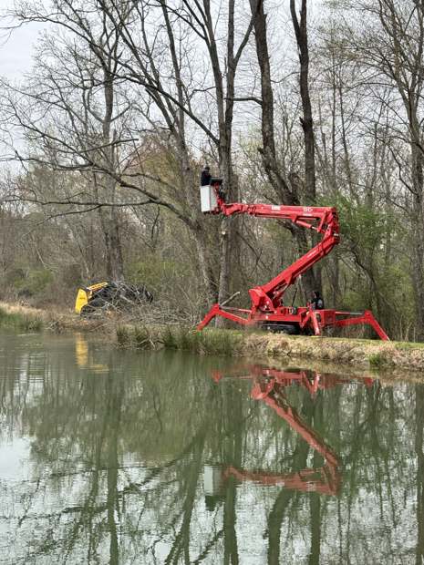 Spider lift reaching over a pond to work on a tree